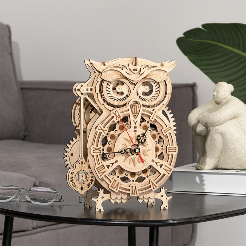 Reloj Mecánico 3D de Madera Estilo Búho – Rompecabezas DIY y Decoración
